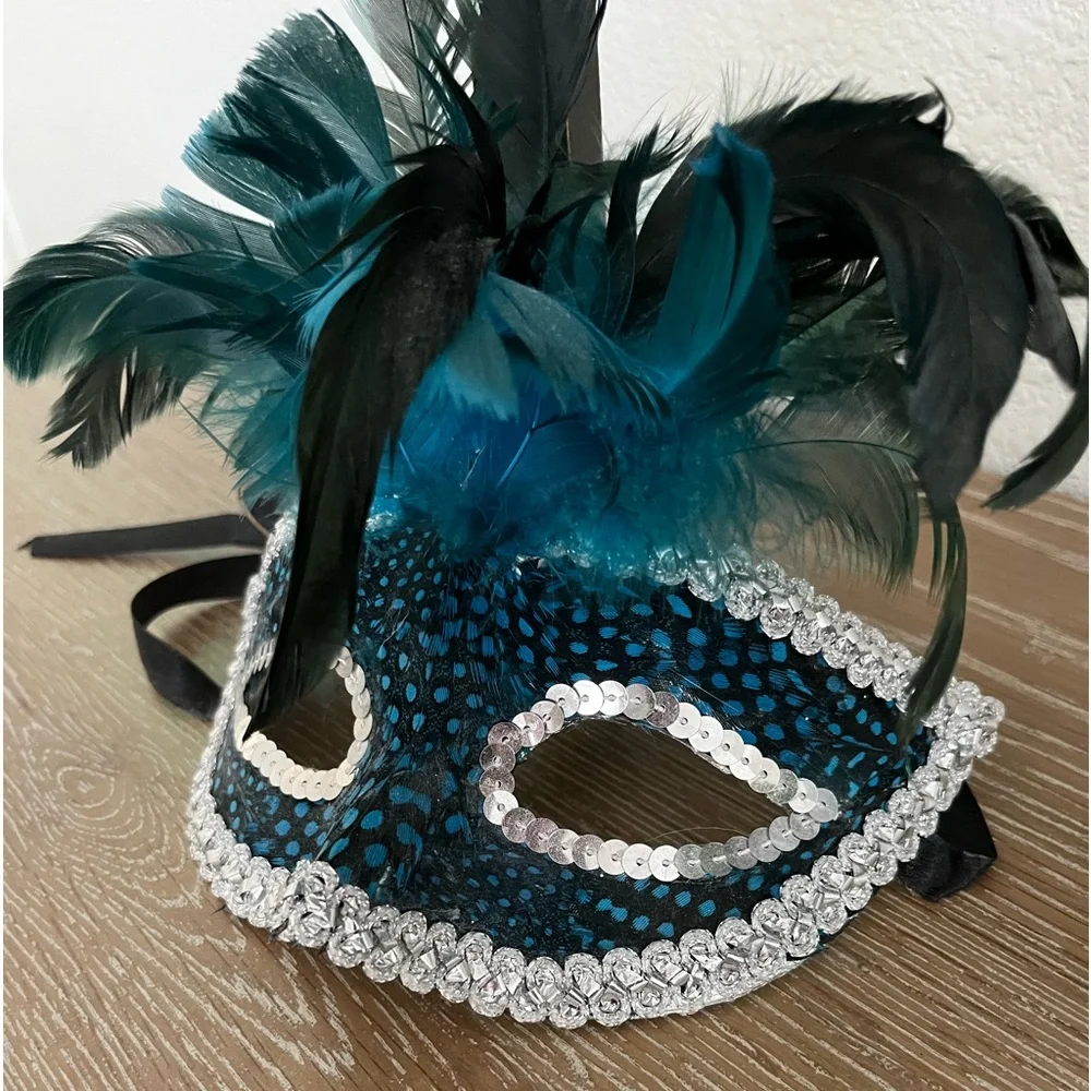 Decorative Masquerade Mask in blues and black and feathers